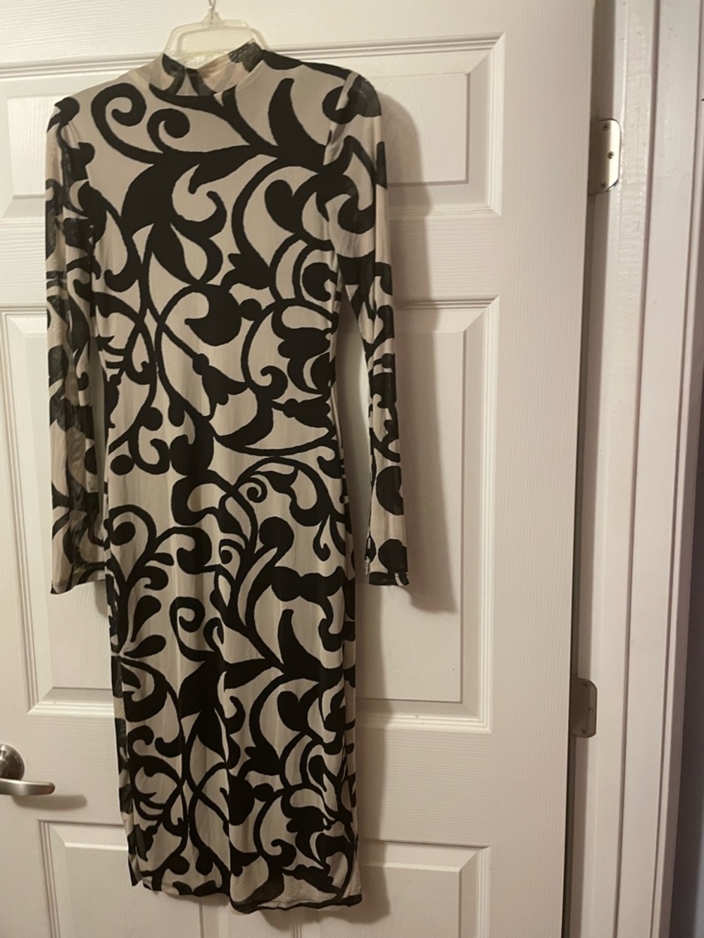 Long Sleeve Cream Dress with Black Scroll Print
